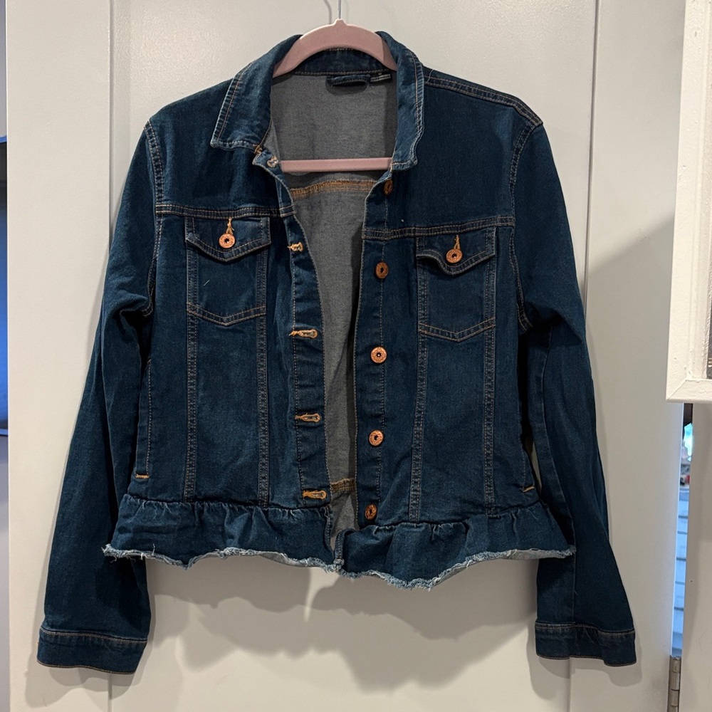 Women's Dark Blue Ruffle-Hem Denim Jacket